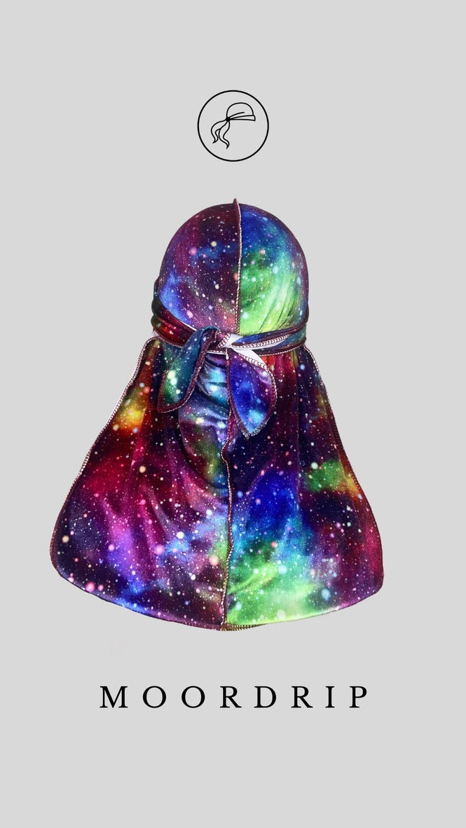 Rainbow Nebula Premium Velvet Durag with extra-long tail for 360 waves, featuring reinforced stitching and velvet material
