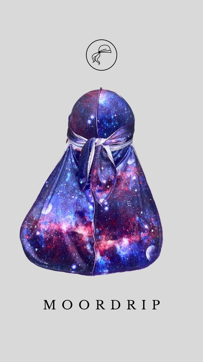 Blue Nebula Premium Velvet Durag with extra-long tail for 360 waves, featuring reinforced stitching and velvet material