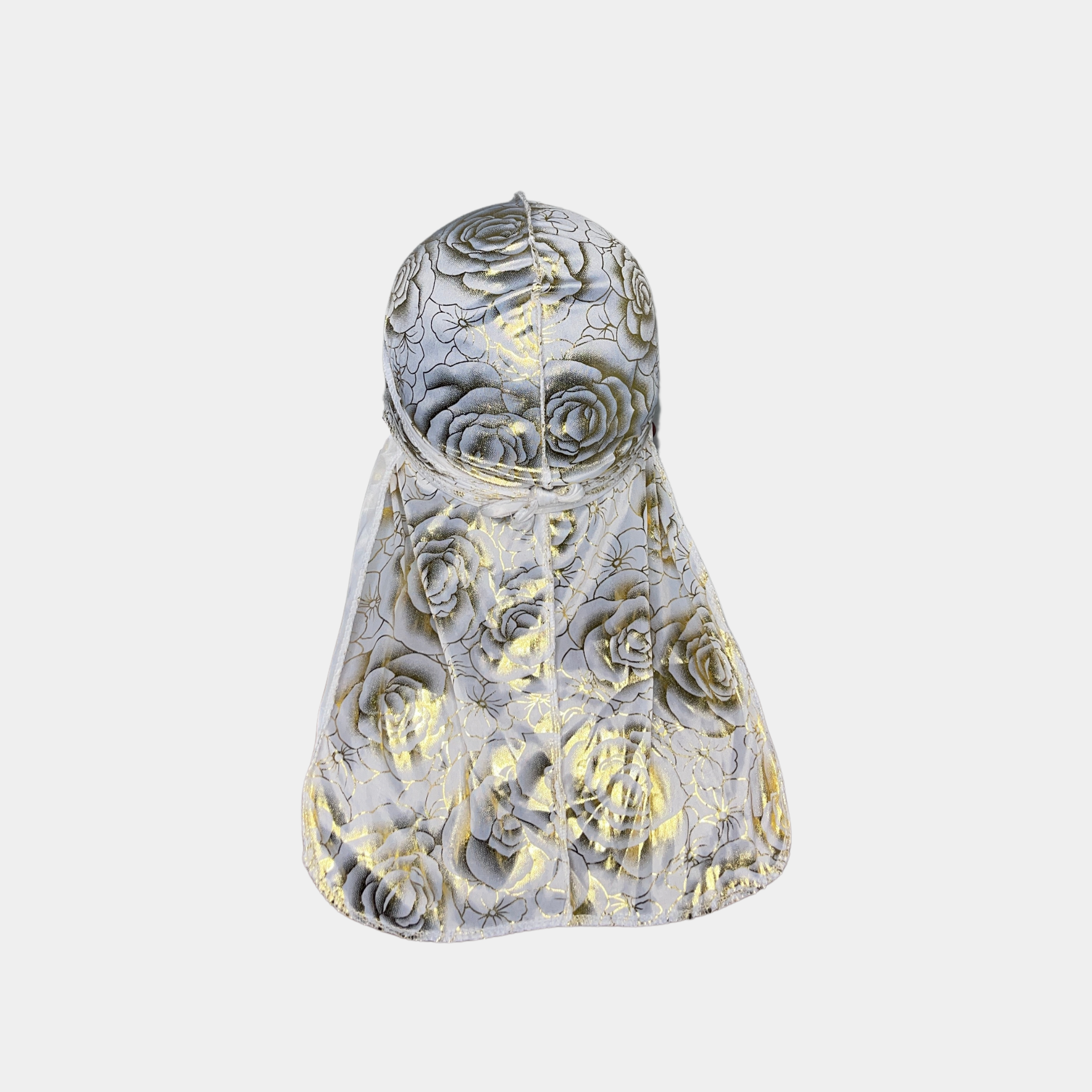 White-Gold Rose Premium Silky Durag with extra-long tail for 360 waves, featuring reinforced stitching and silky material