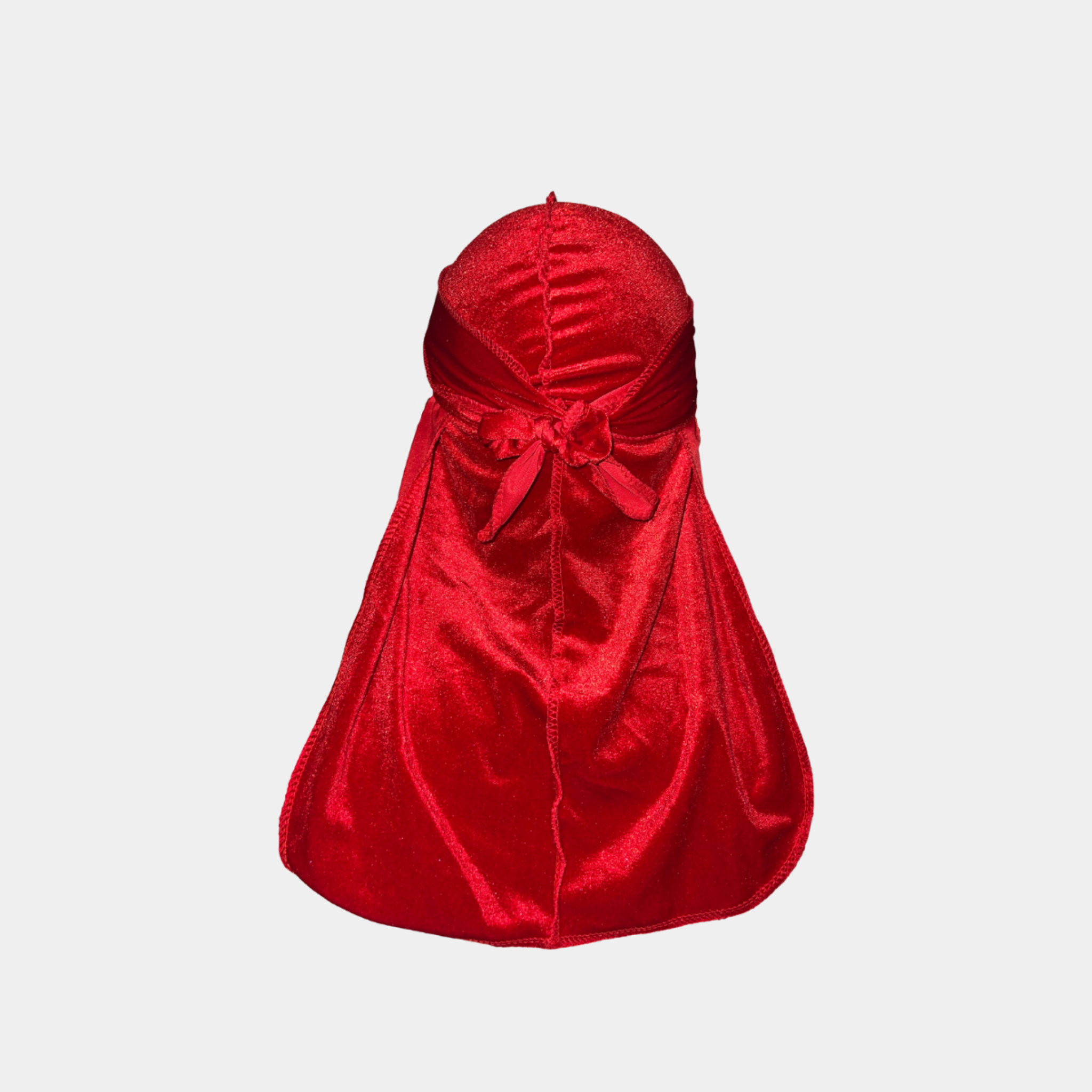 Red Premium Velvet Durag with extra-long tail for 360 waves, featuring reinforced stitching and velvet material