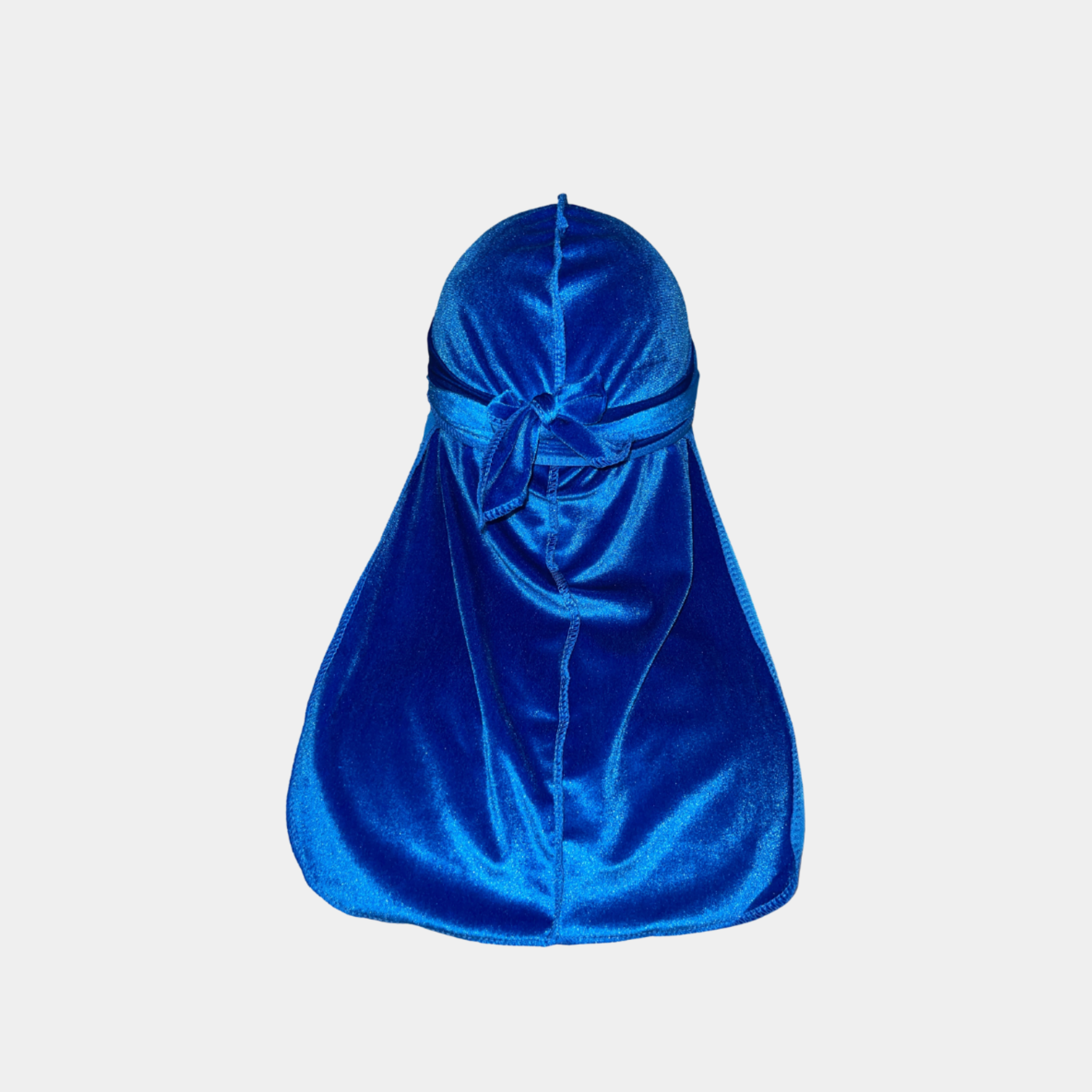 Blue Premium Velvet Durag with extra-long tail for 360 waves, featuring reinforced stitching and velvet material