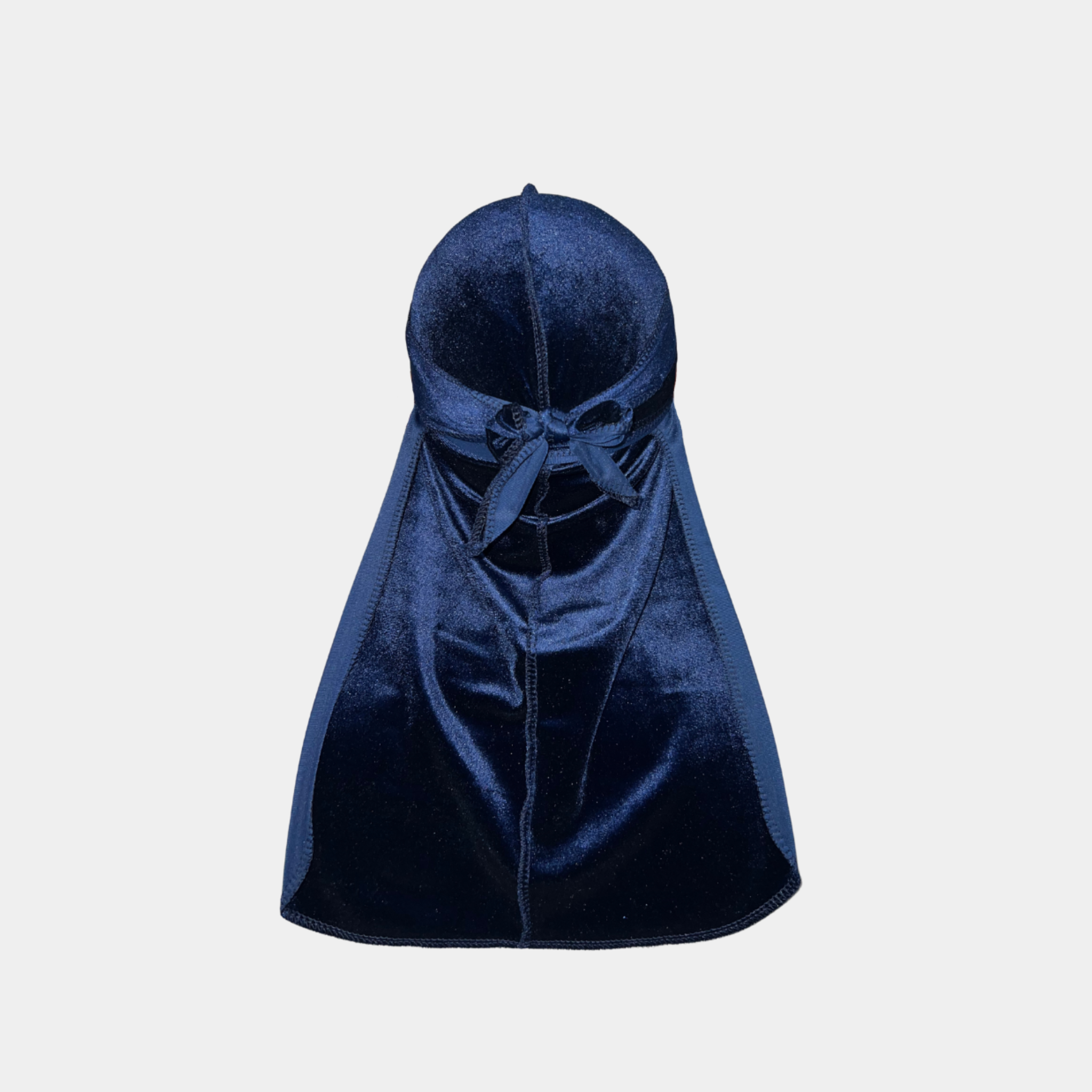 Navy Blue Premium Velvet Durag with extra-long tail for 360 waves, featuring reinforced stitching and velvet material