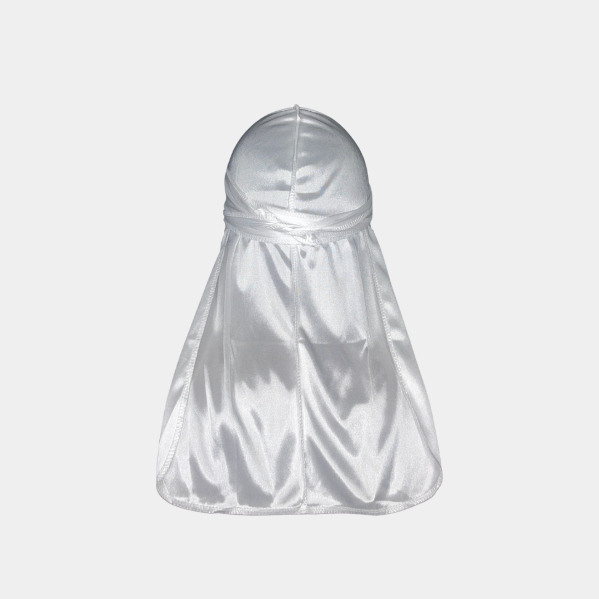 White Premium Silky Durag with extra-long tail for 360 waves, featuring reinforced stitching and silky material