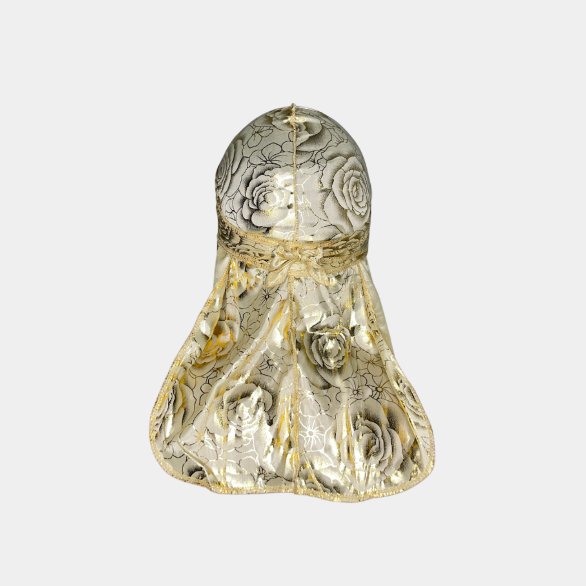 Rose Gold Silky Durag with Extra-Long Tail for 360 Waves, displayed flat and worn by a model