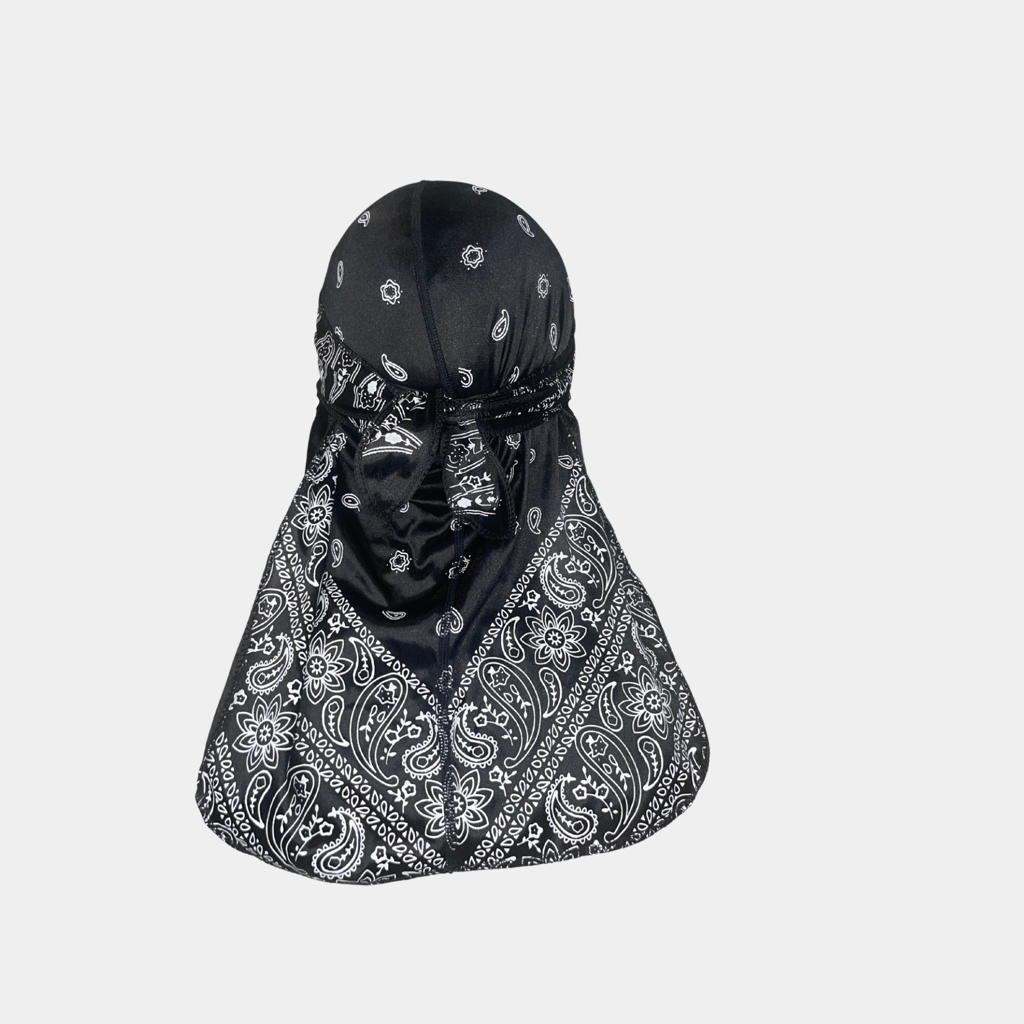 Premium Black Bandana Silky Durag with extra-long tail and classic design for 360 waves.