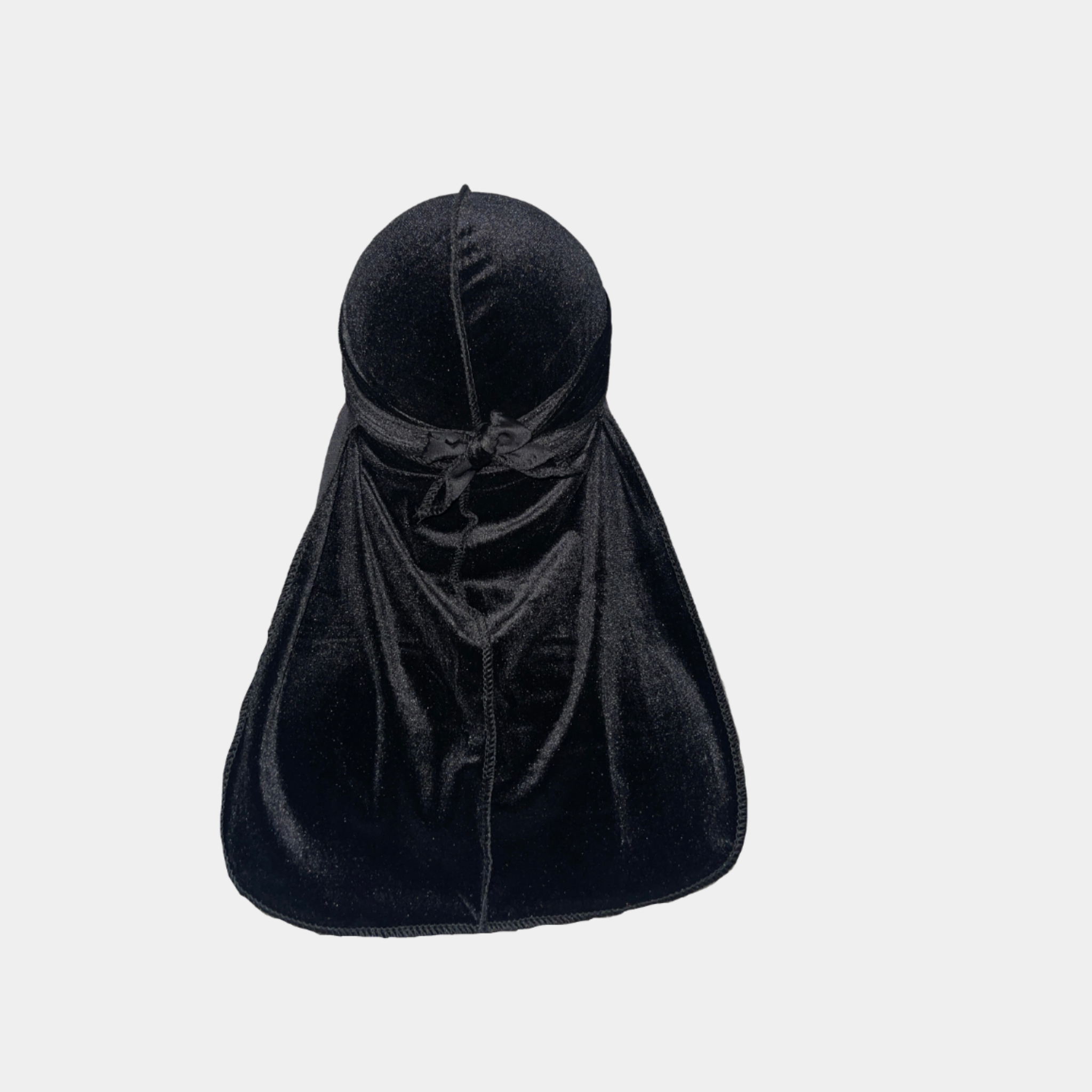 Black Premium Velvet Durag with extra-long tail for 360 waves, featuring reinforced stitching and velvet material