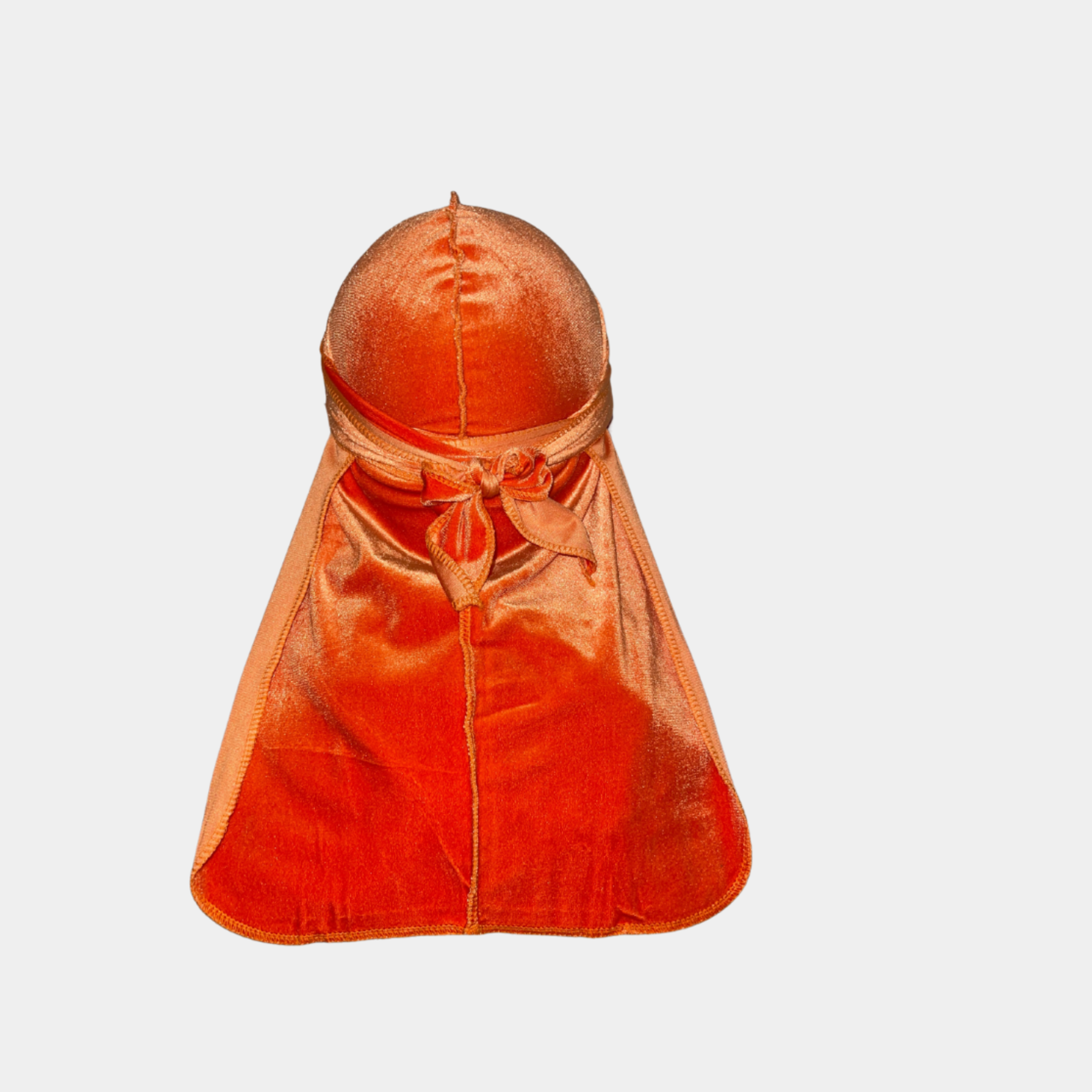 Black Premium Orange Durag with extra-long tail for 360 waves, featuring reinforced stitching and velvet material
