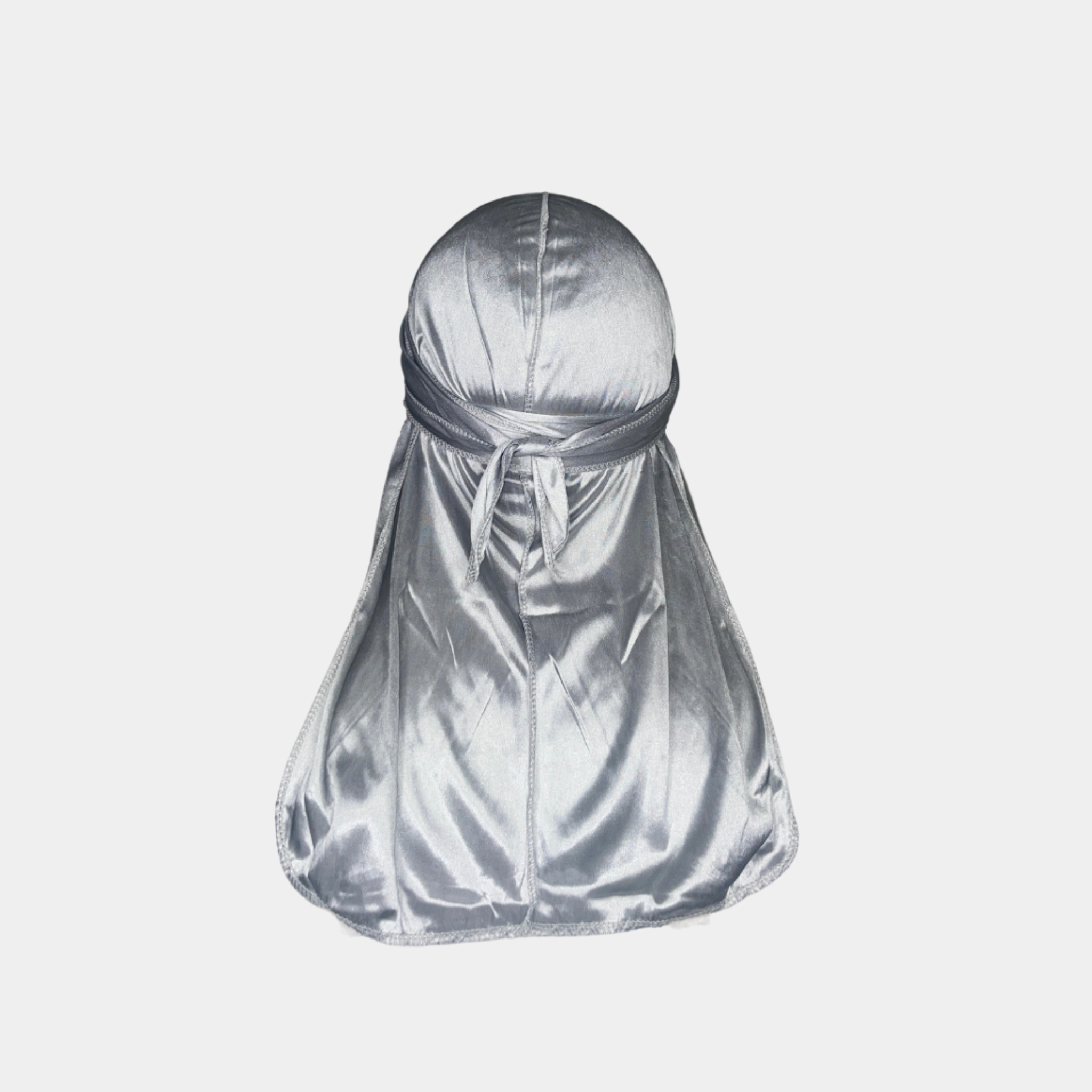 Gray Premium Silky Durag with extra-long tail for 360 waves, featuring reinforced stitching and silky material