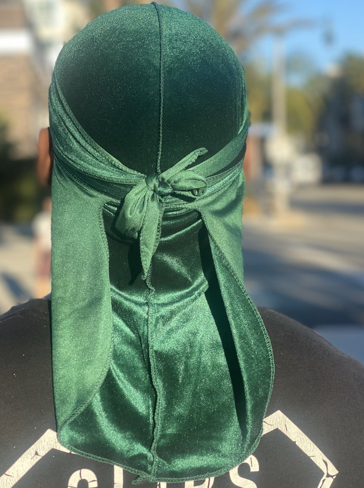 Green Premium Velvet Durag with extra-long tail for 360 waves, featuring reinforced stitching and velvet material