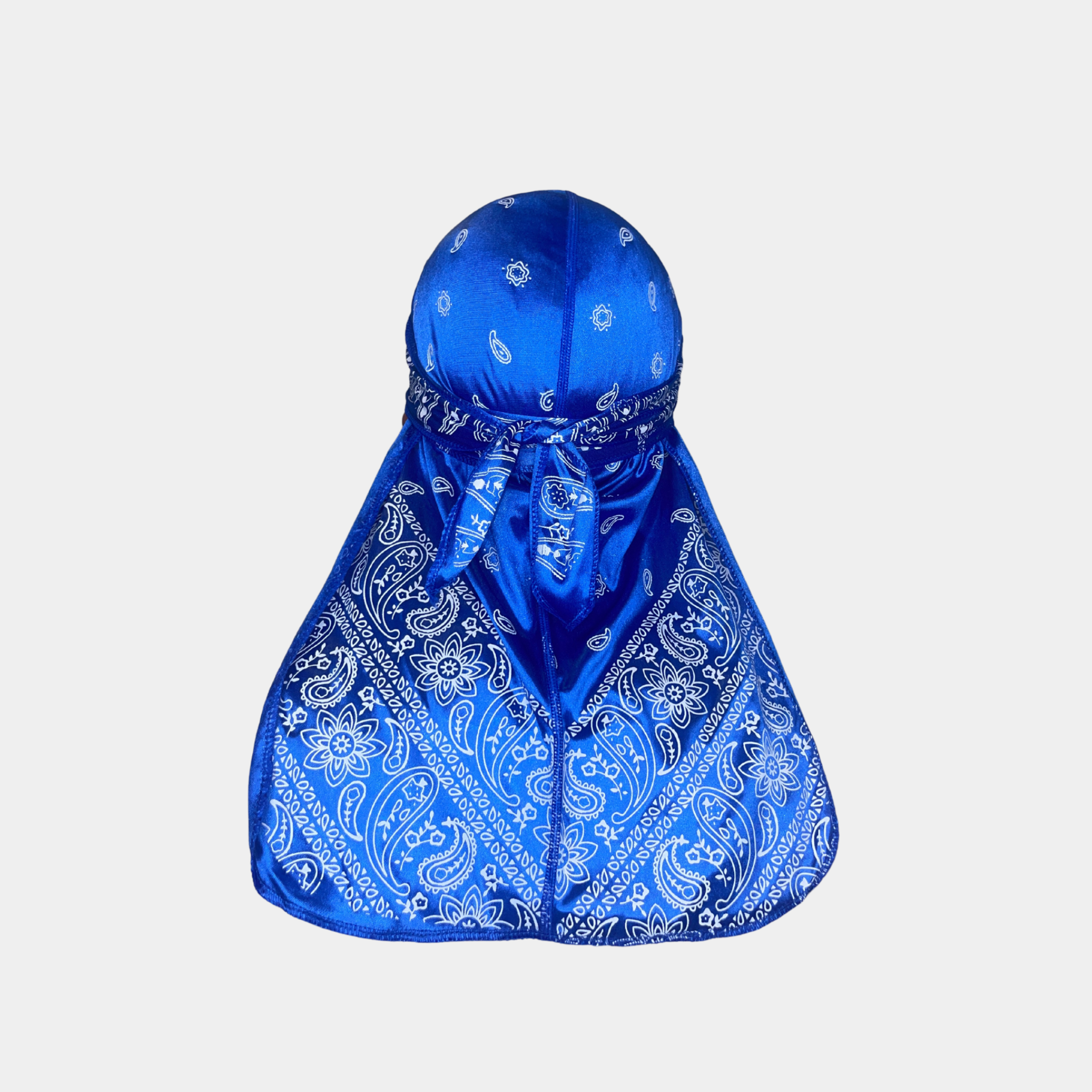 Premium Blue Bandana Silky Durag with extra-long tail and classic design for 360 waves.