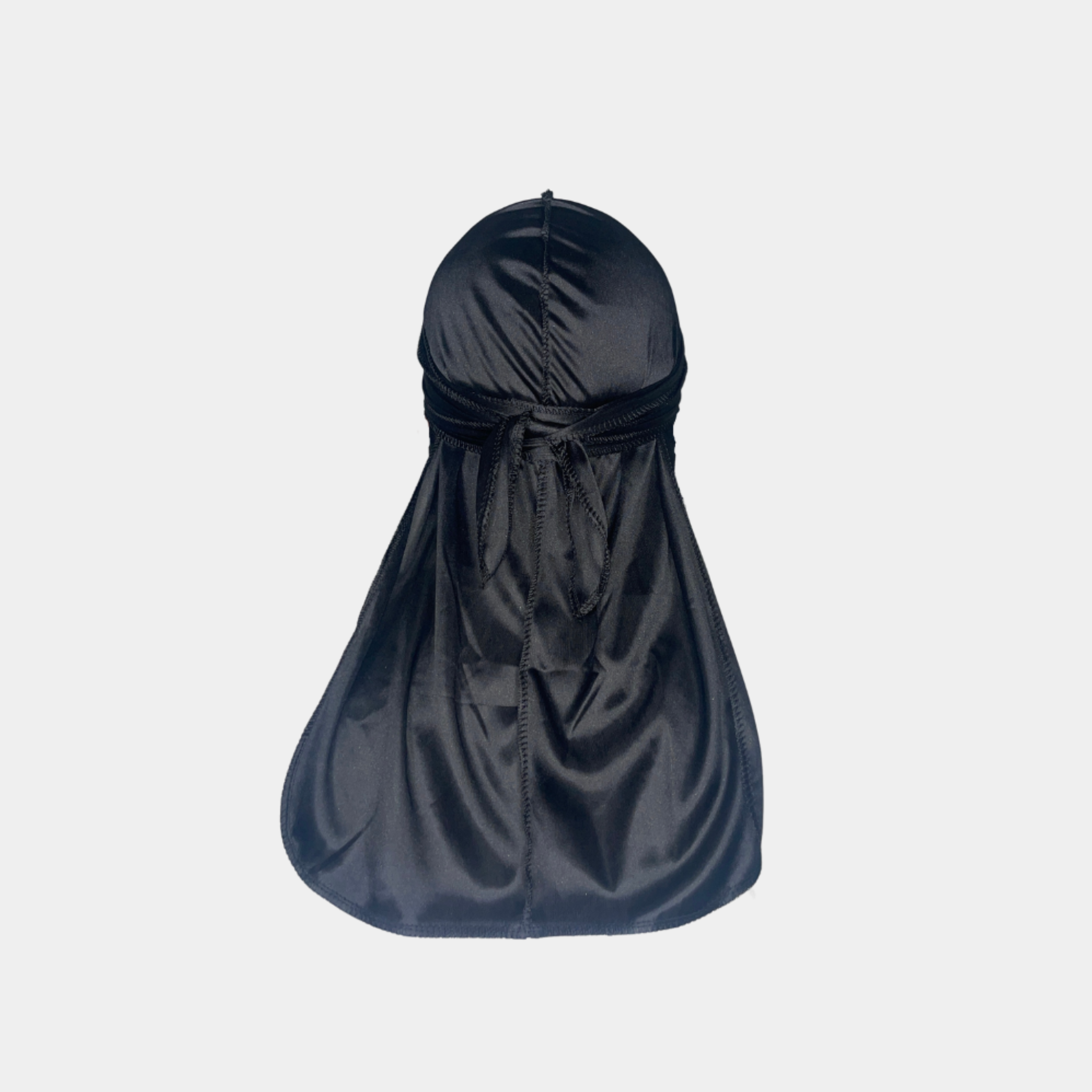 Black Premium Silky Durag with extra-long tail for 360 waves, featuring reinforced stitching and silky material