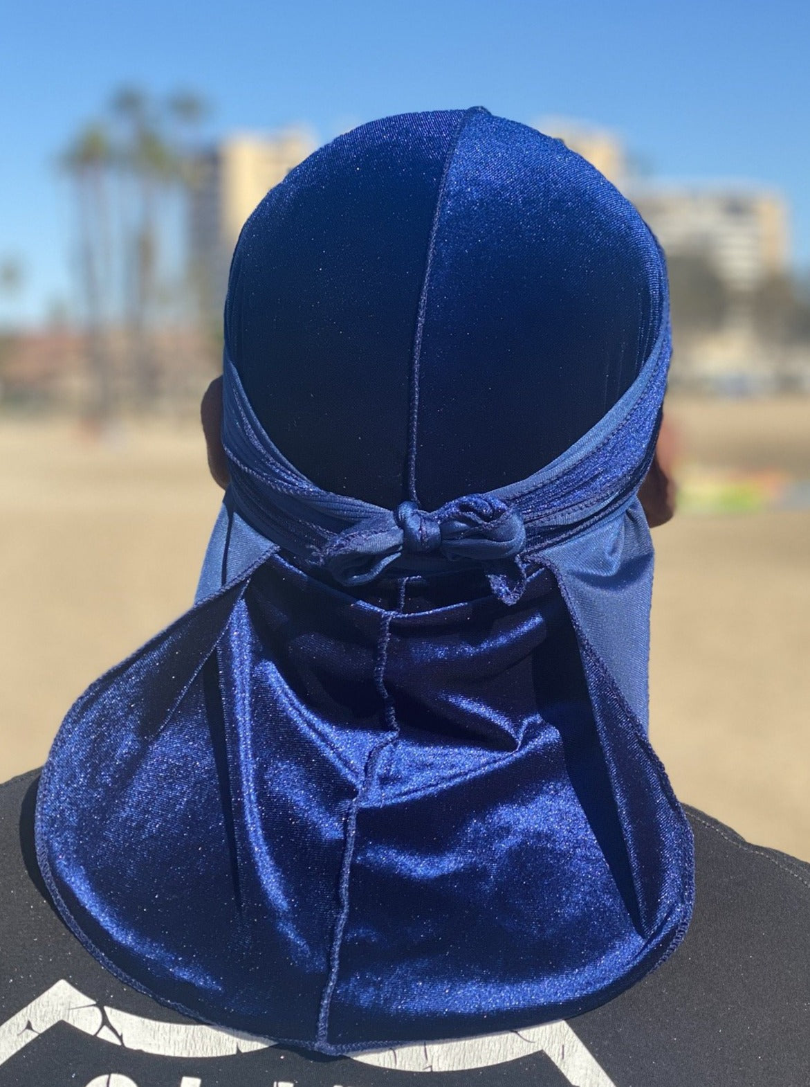 Navy Blue Premium Velvet Durag with extra-long tail for 360 waves, featuring reinforced stitching and velvet material