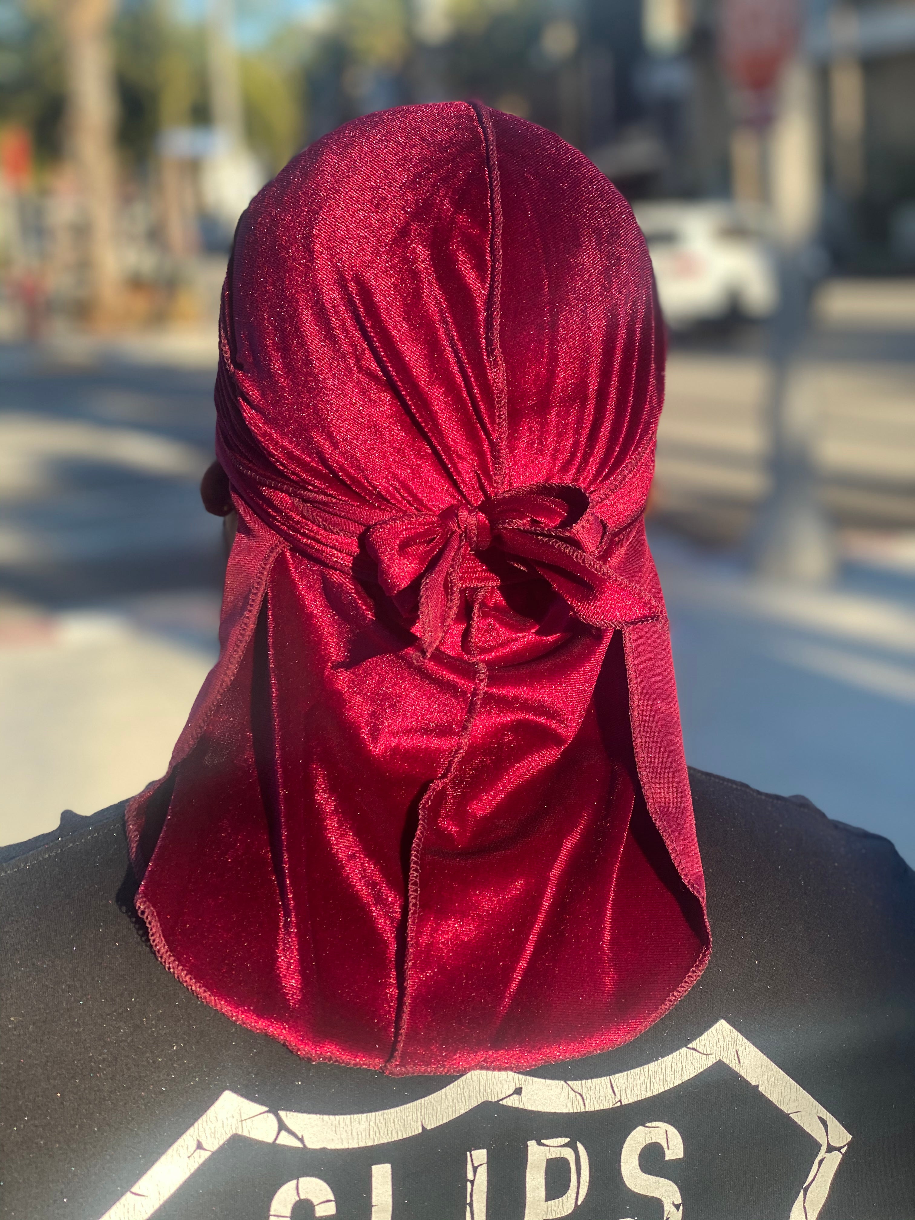 Red Premium Velvet Durag with extra-long tail for 360 waves, featuring reinforced stitching and velvet material