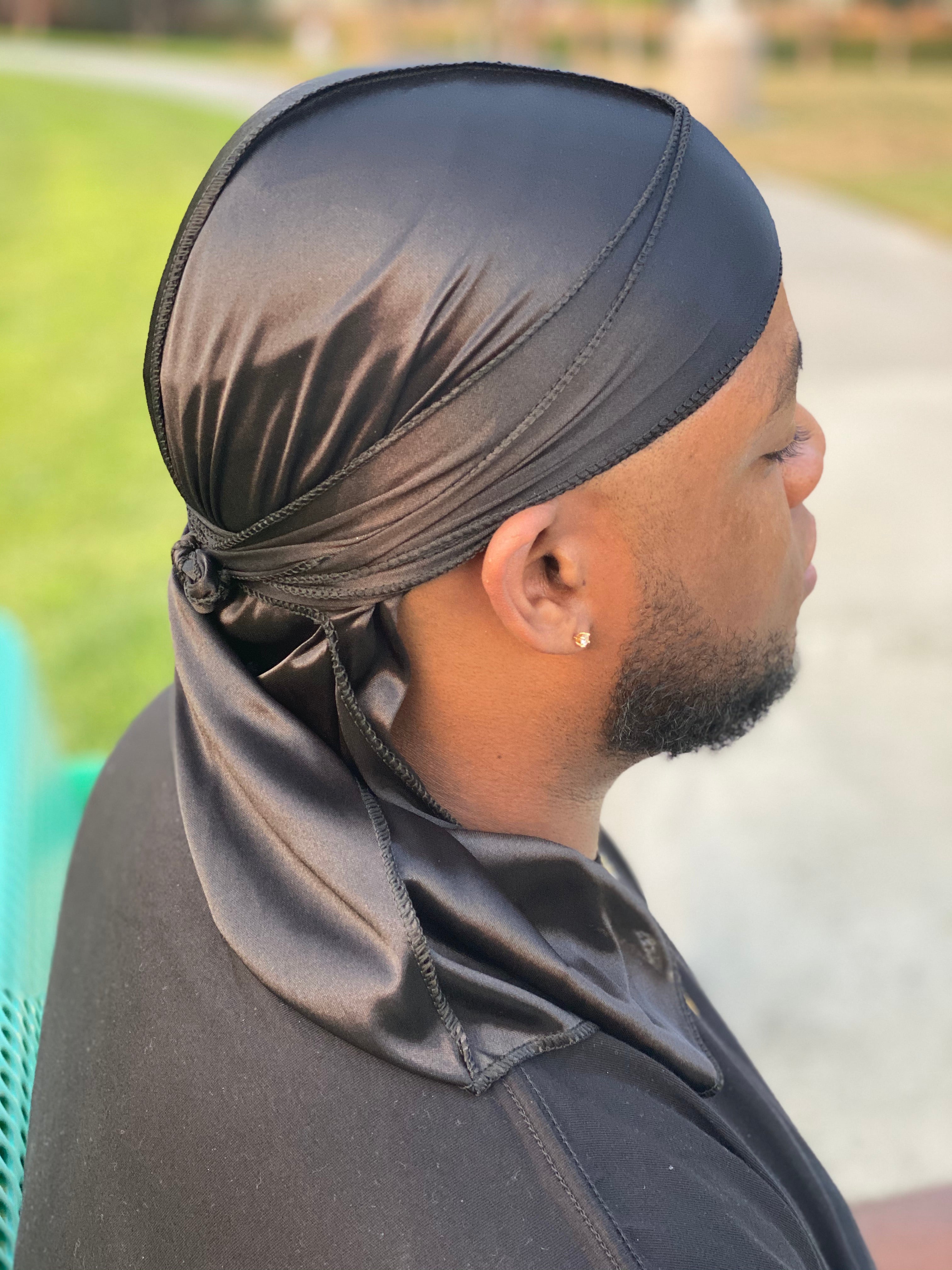 Black Premium Silky Durag with extra-long tail for 360 waves, featuring reinforced stitching and silky material