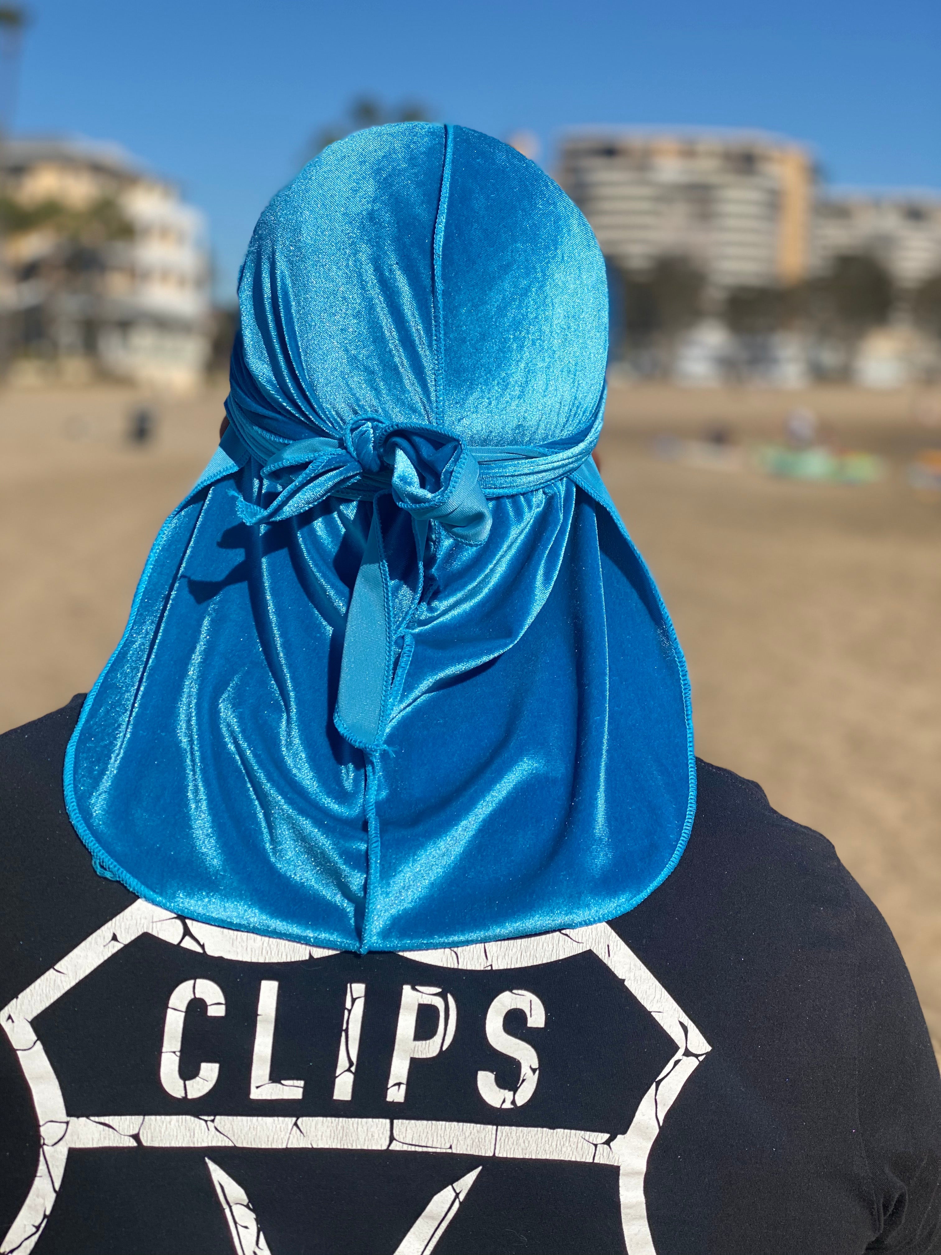 Blue Premium Velvet Durag with extra-long tail for 360 waves, featuring reinforced stitching and velvet material