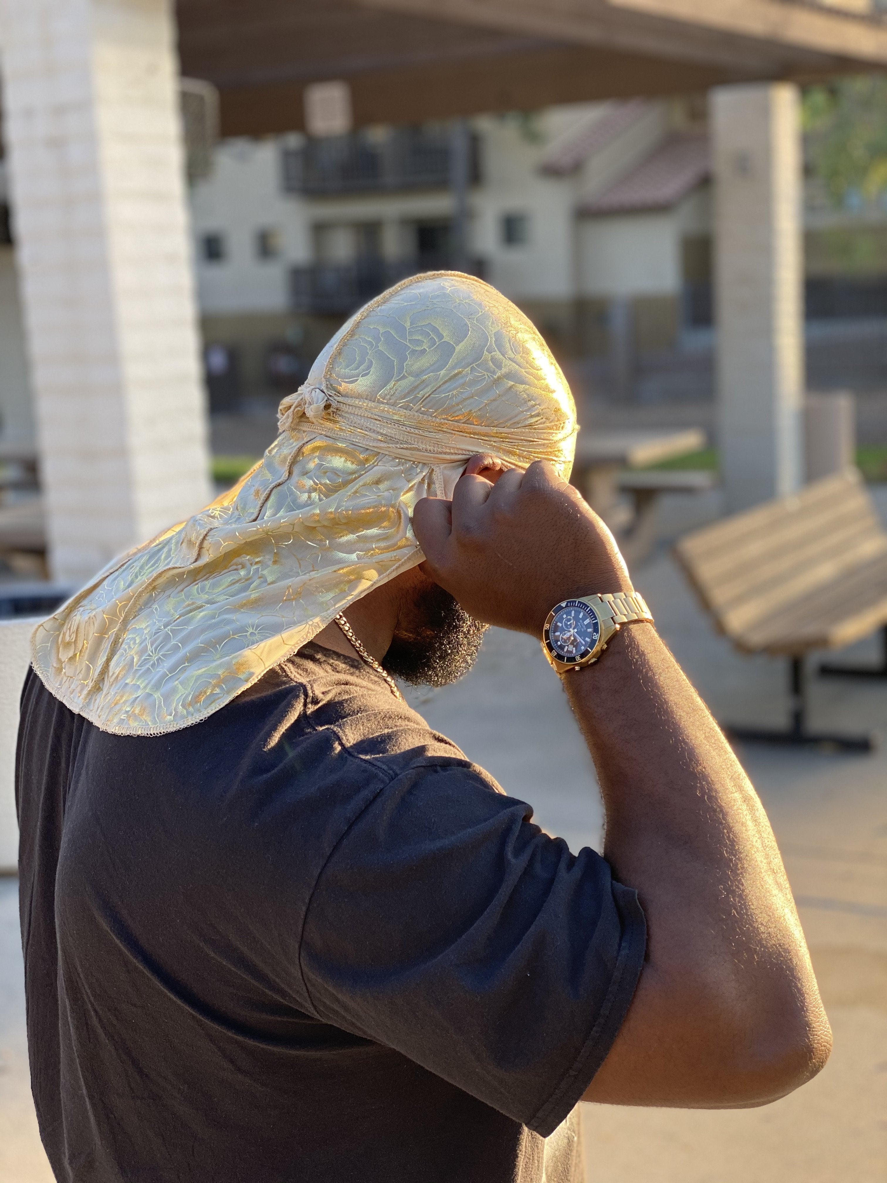 Rose Gold Silky Durag with Extra-Long Tail for 360 Waves, displayed flat and worn by a model