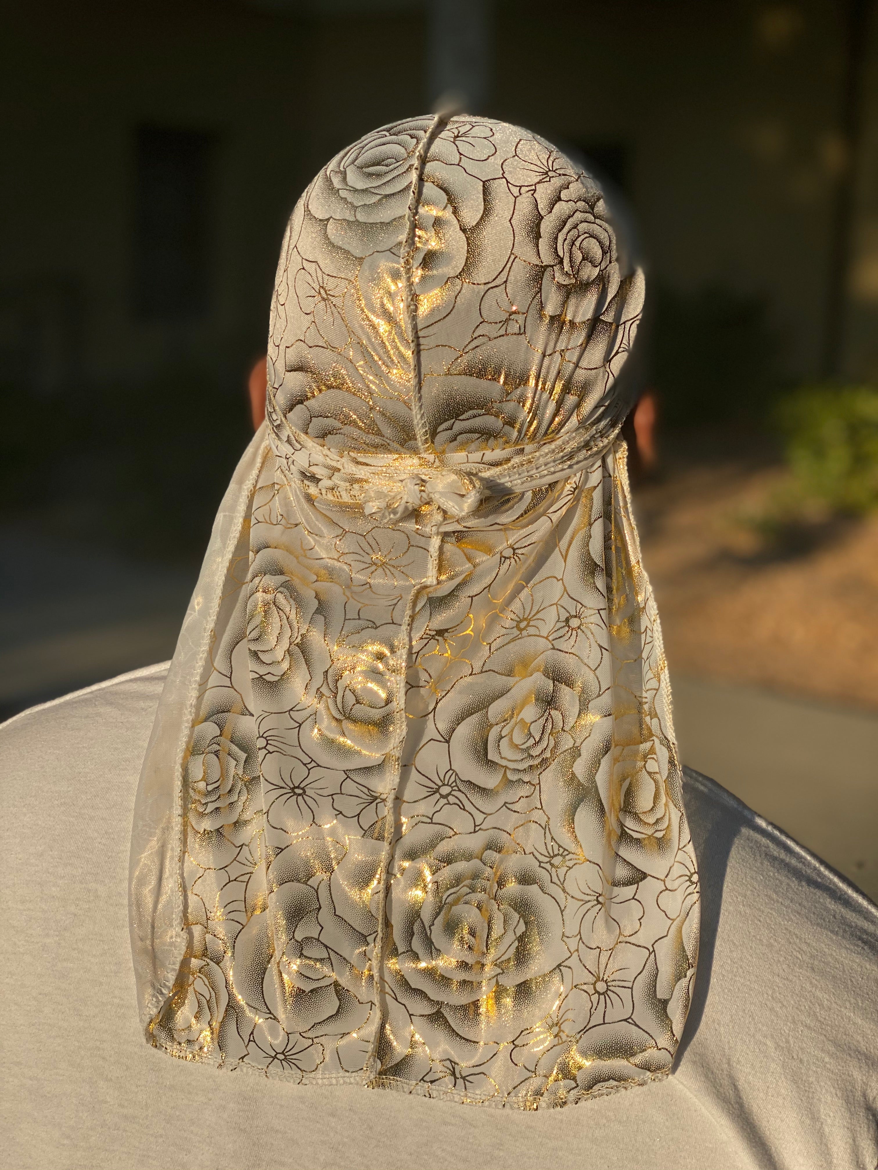 White-Gold Rose Premium Silky Durag with extra-long tail for 360 waves, featuring reinforced stitching and silky material