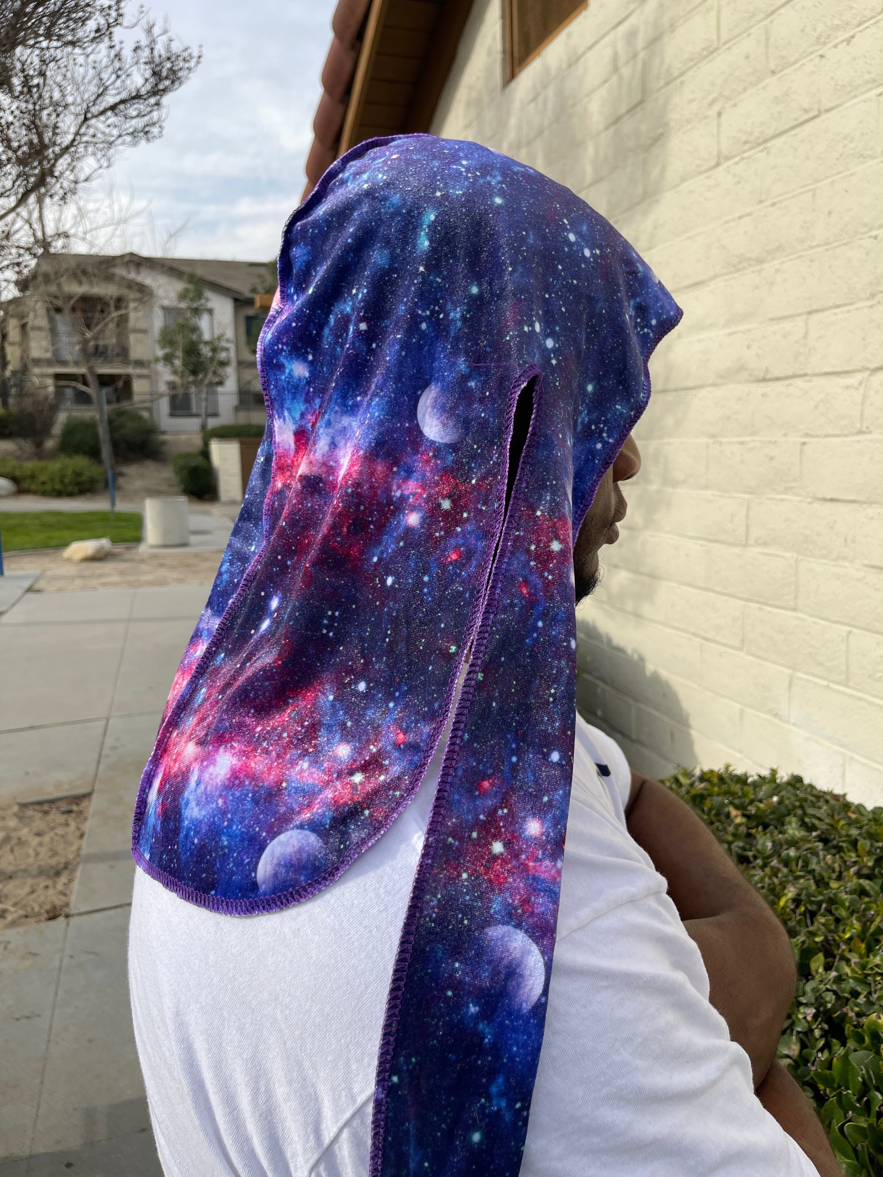 Blue Nebula Premium Velvet Durag with extra-long tail for 360 waves, featuring reinforced stitching and velvet material