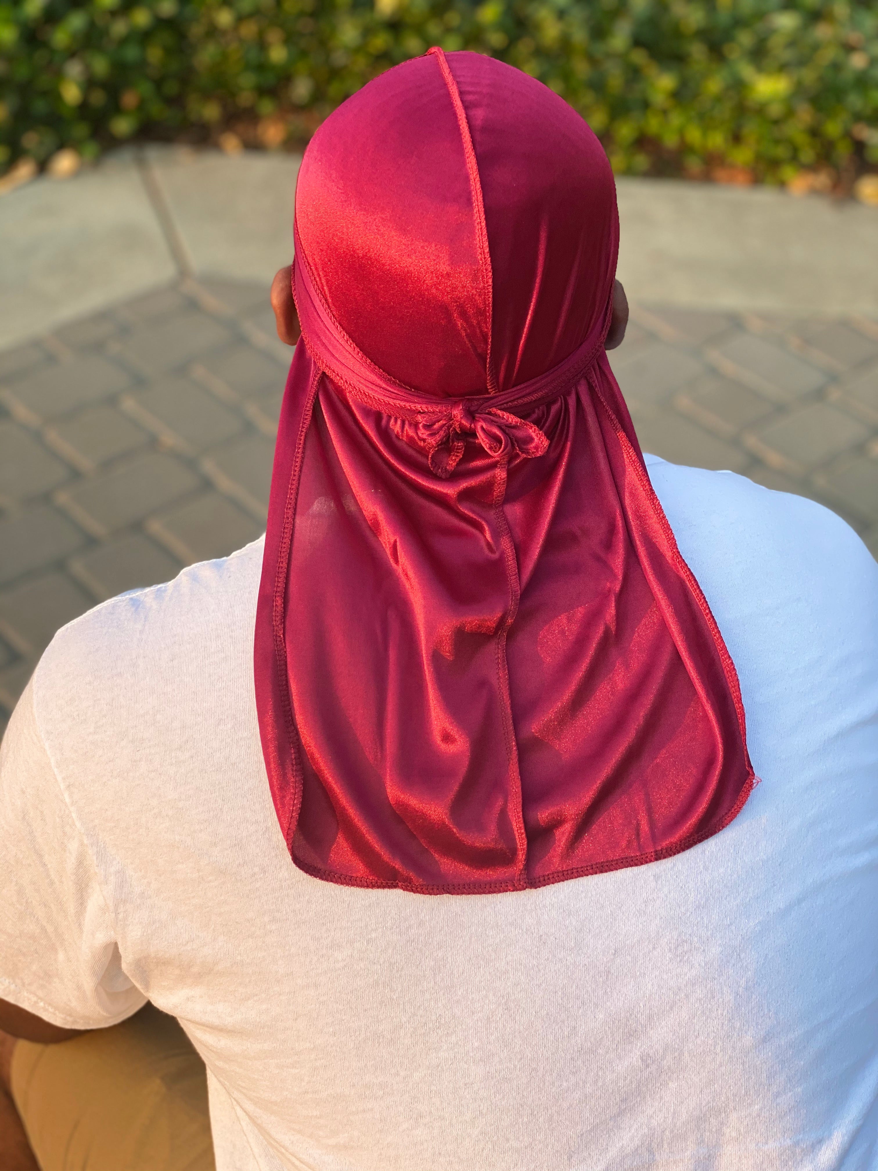 Ruby Red Premium Silky Durag with extra-long tail for 360 waves, featuring reinforced stitching and silky material