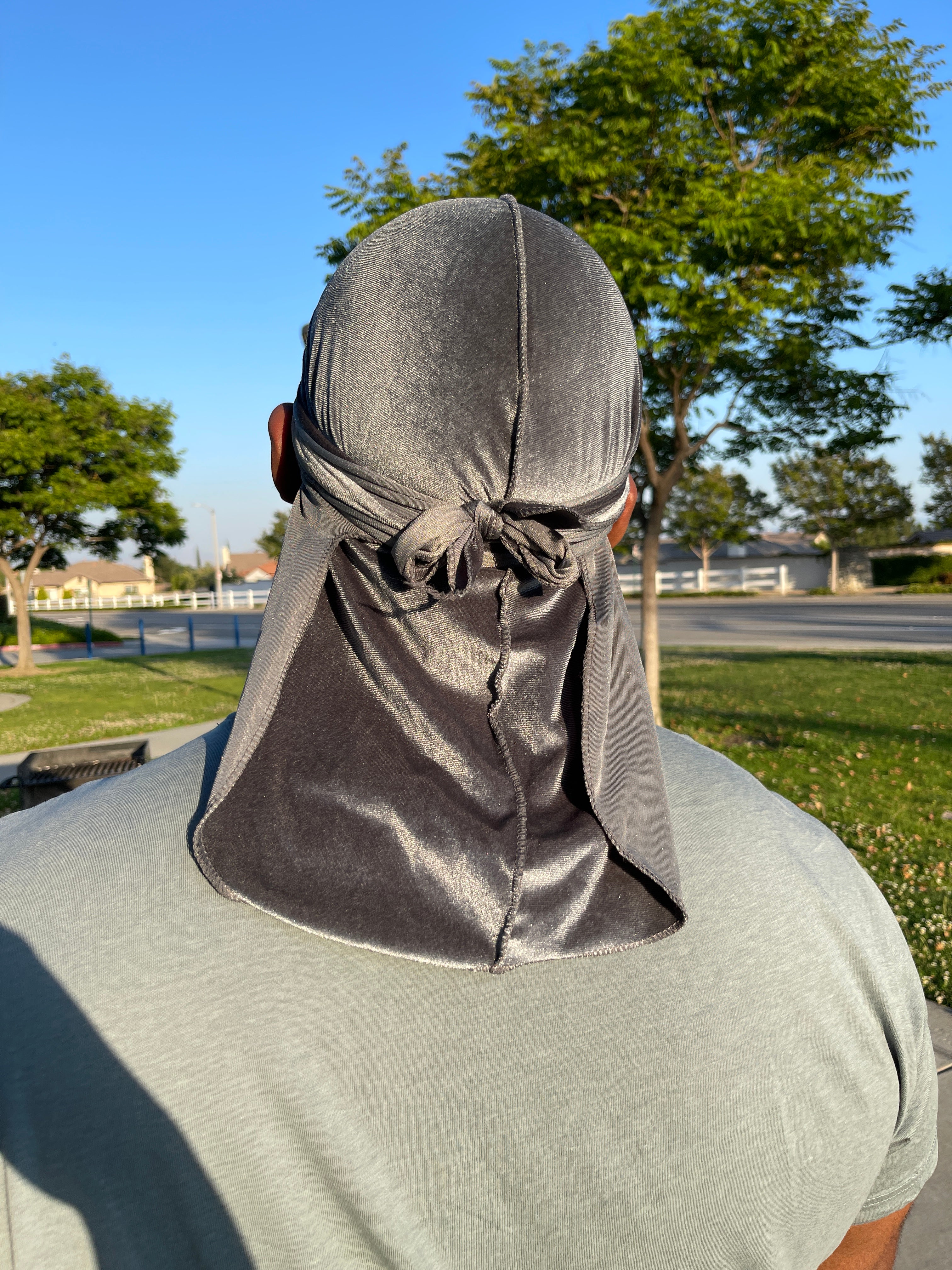 Gray Premium Velvet Durag with extra-long tail for 360 waves, featuring reinforced stitching and velvet material