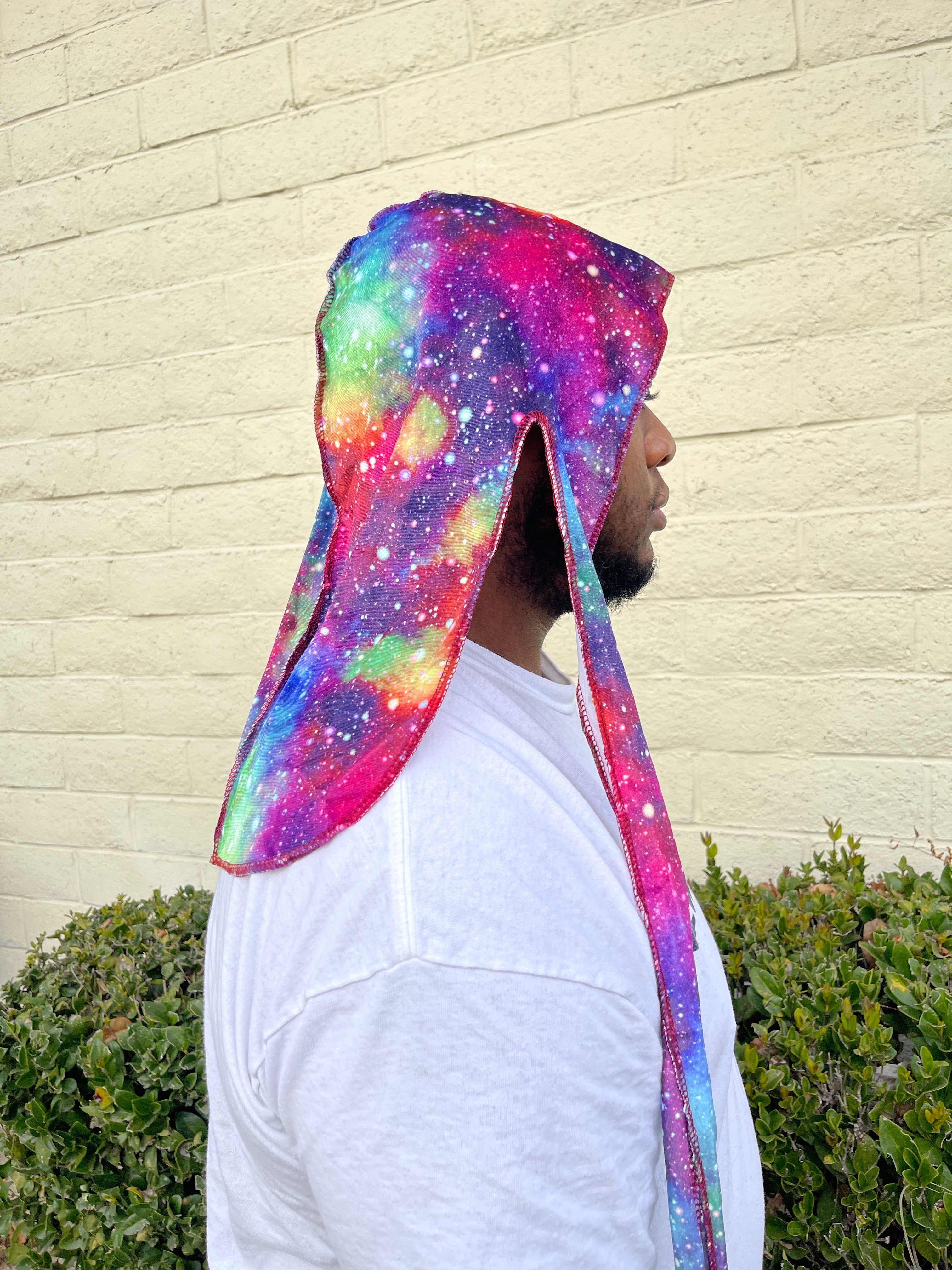 Rainbow Nebula Premium Velvet Durag with extra-long tail for 360 waves, featuring reinforced stitching and velvet material