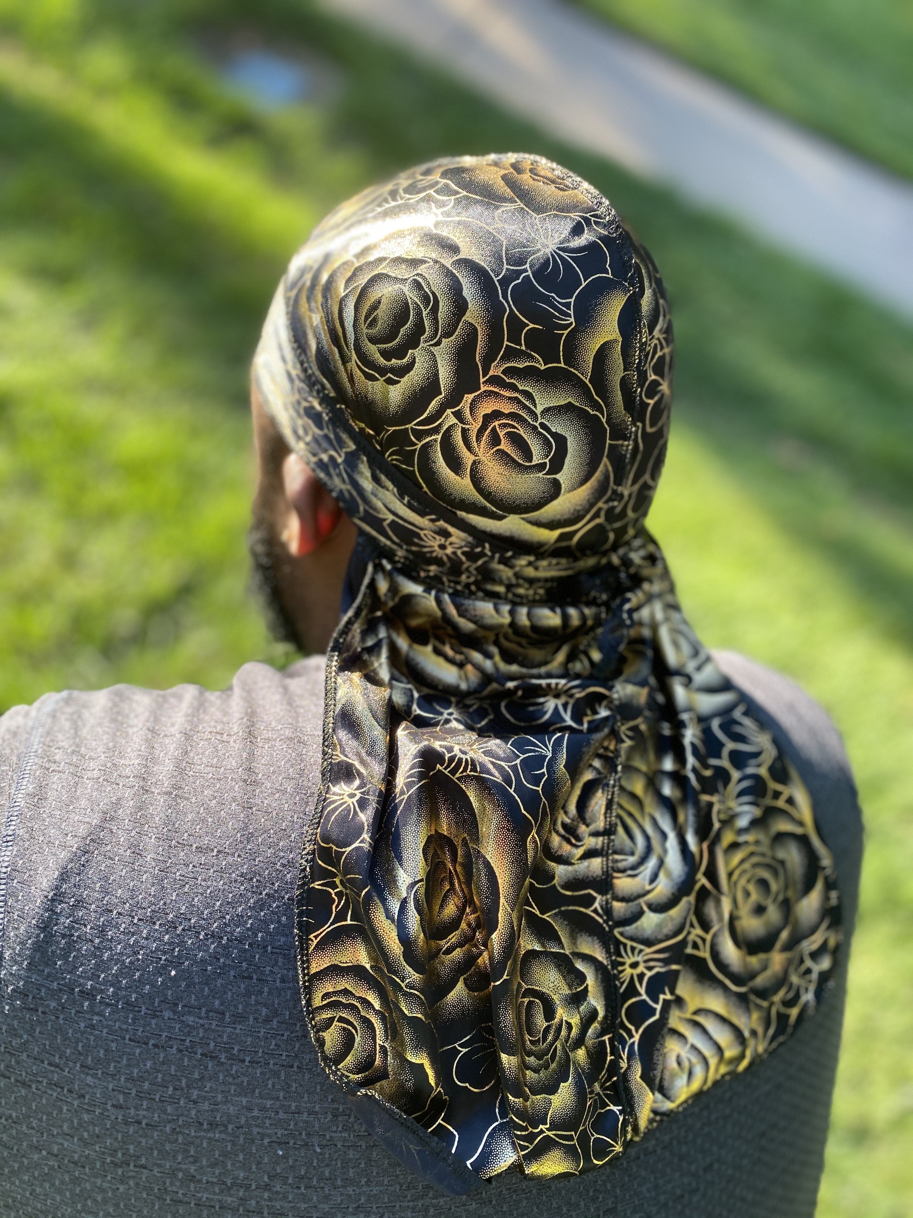 Black & Gold Rose Silky Durag