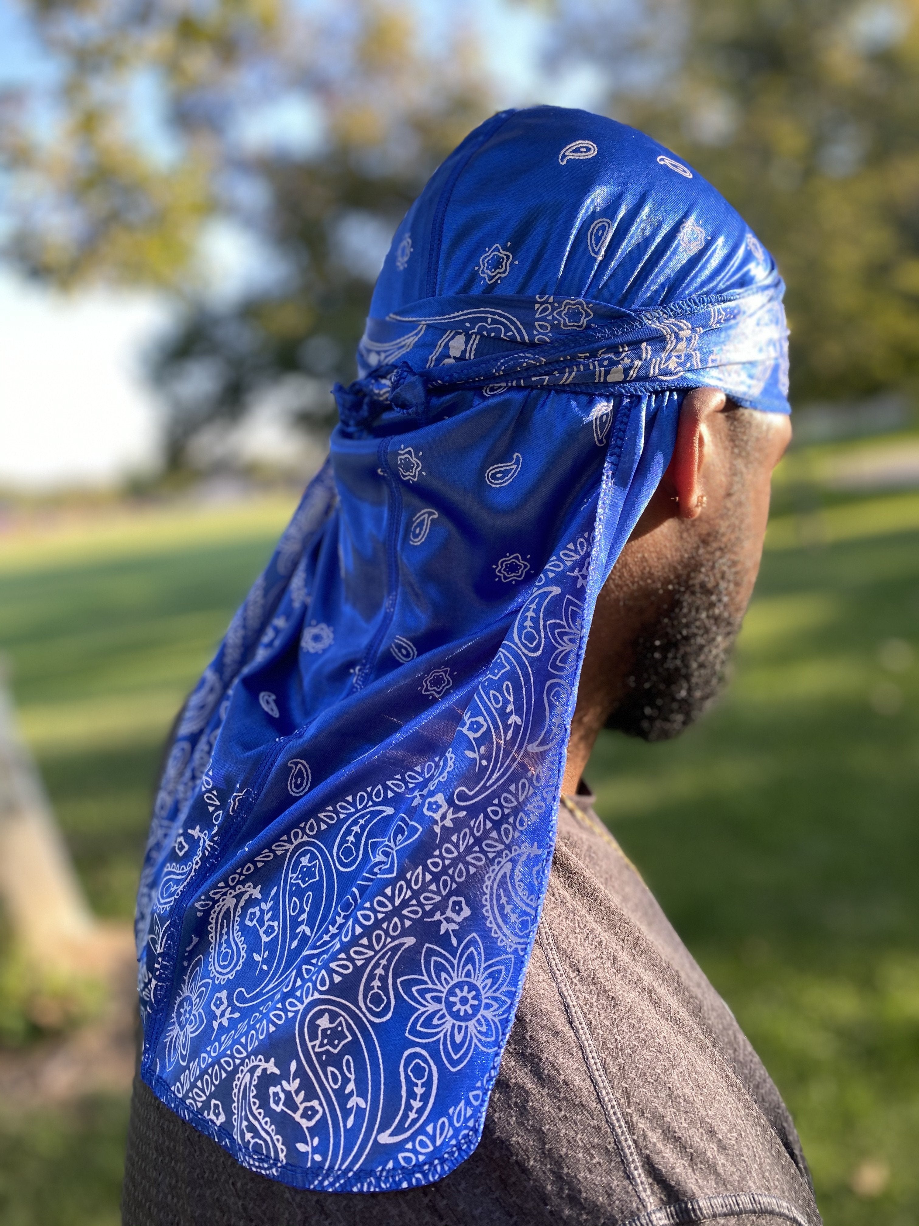 Premium Blue Bandana Silky Durag with extra-long tail and classic design for 360 waves.