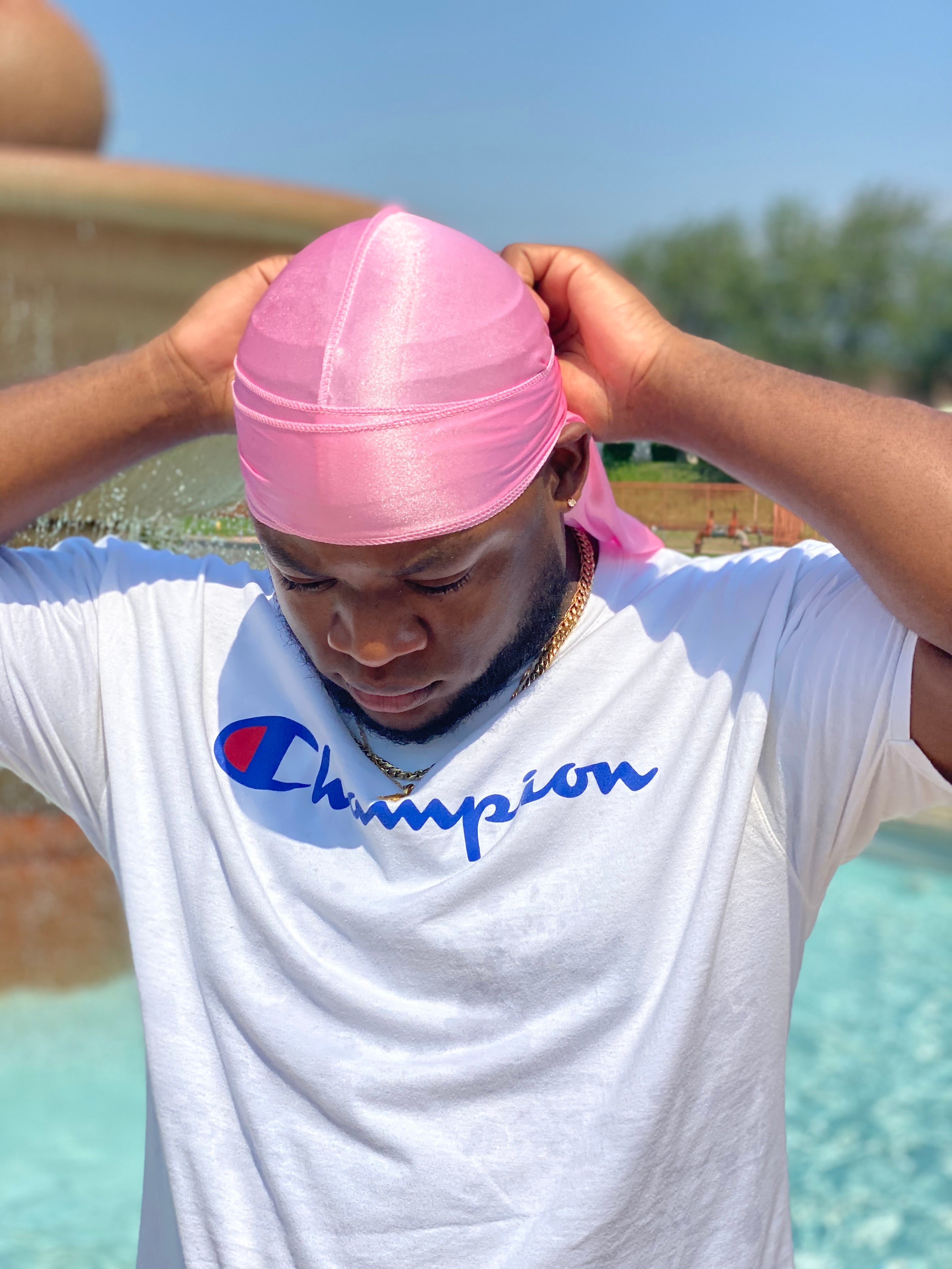 Pink Premium Silky Durag with extra-long tail for 360 waves, featuring reinforced stitching and silky material