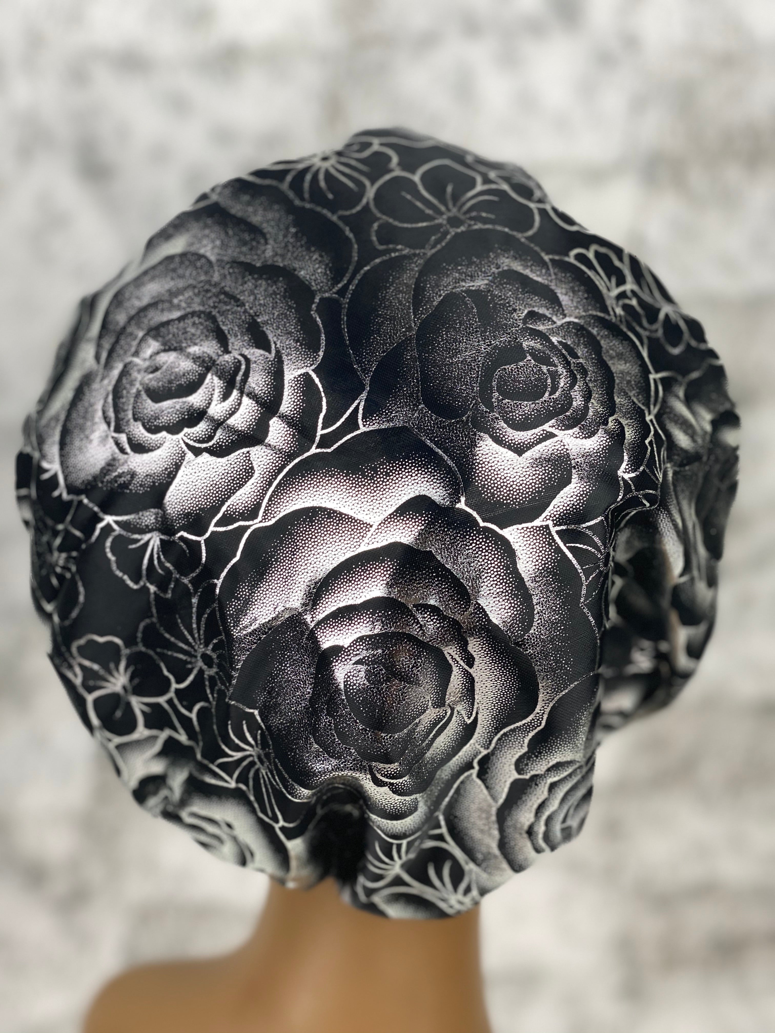 Black/Silver Rose Silky Bonnet