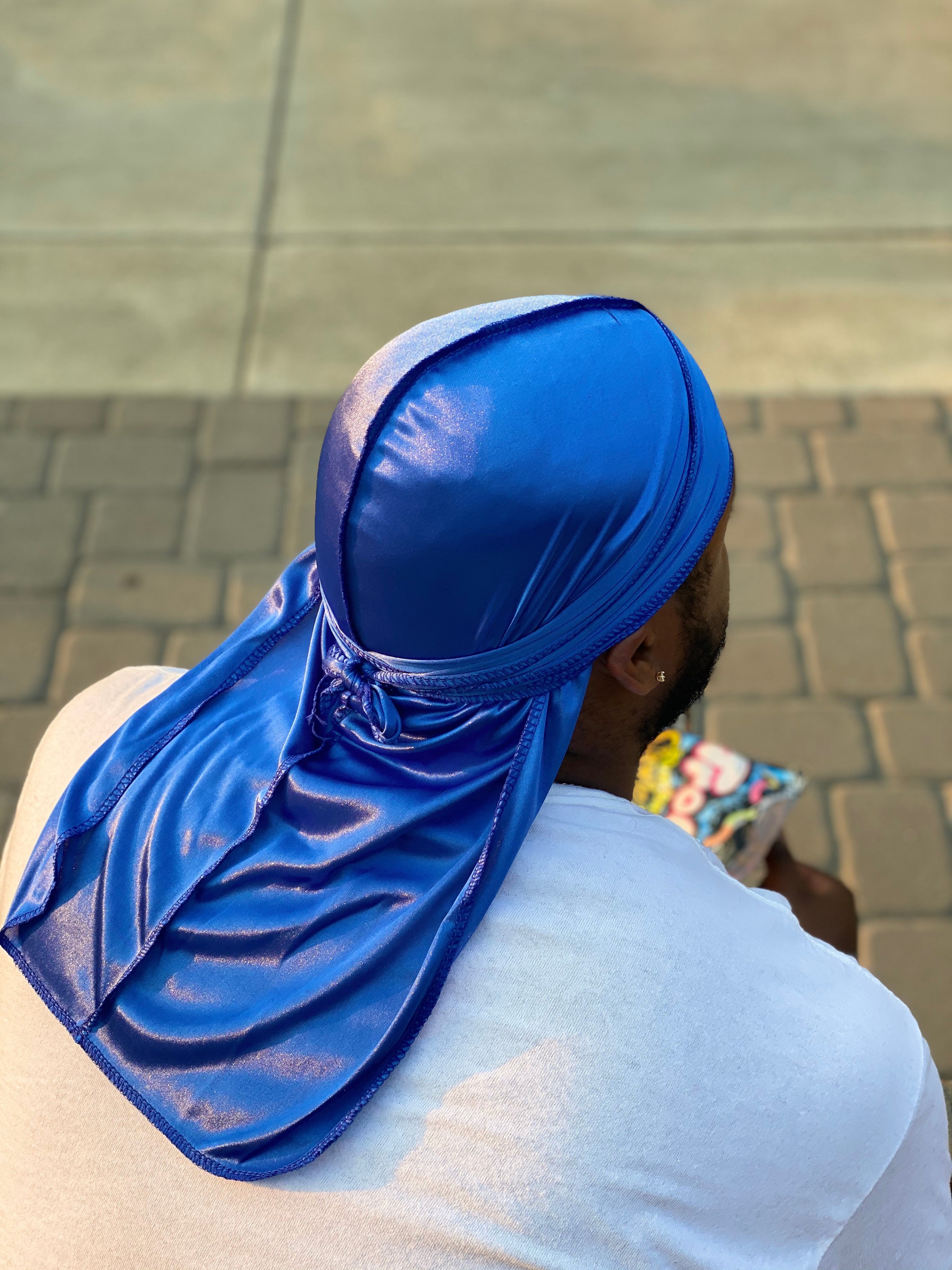 Electric Blue Premium Silky Durag with extra-long tail for 360 waves, featuring reinforced stitching and silky material
