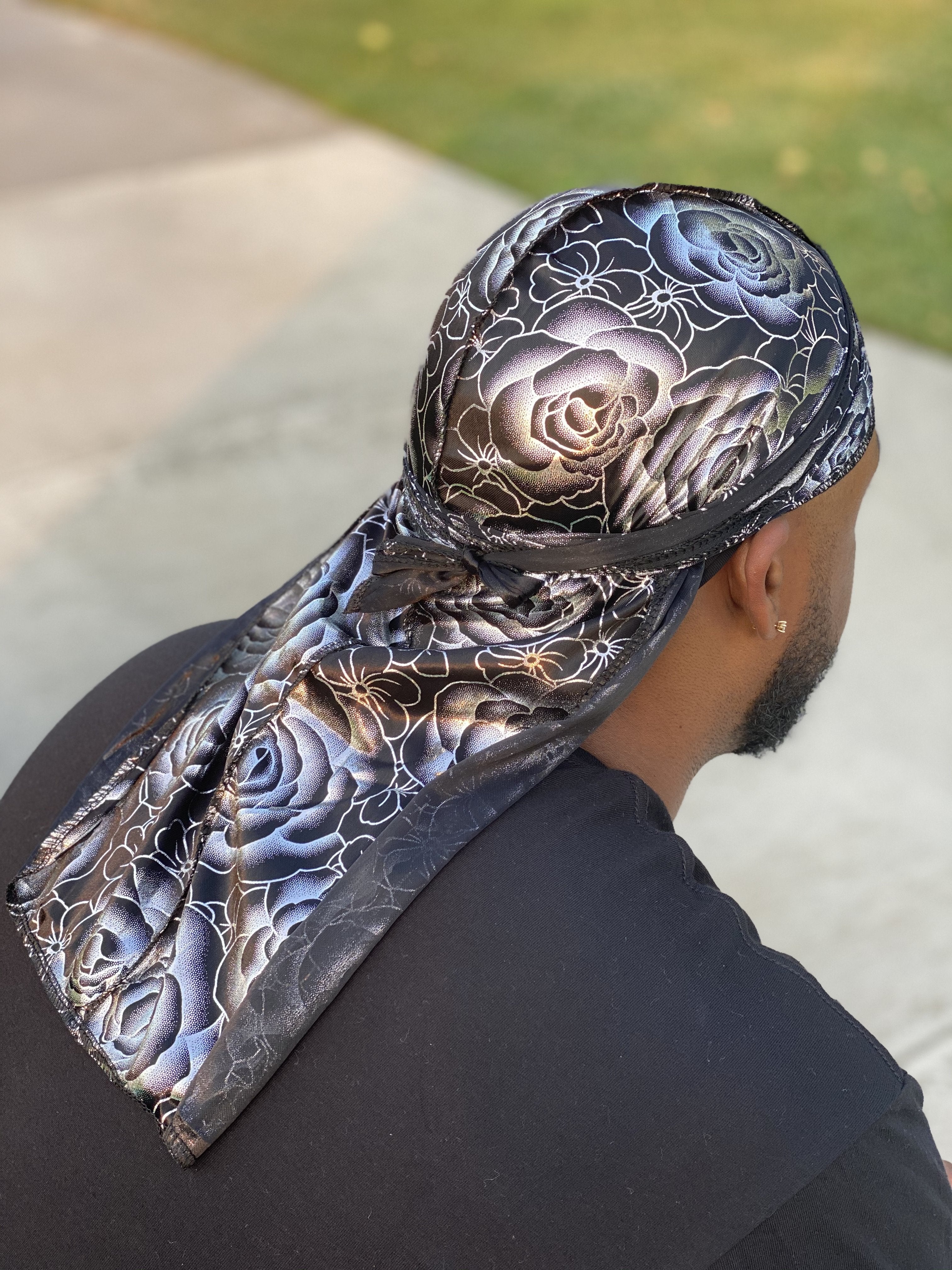 Black/Silver Rose Silky Durag