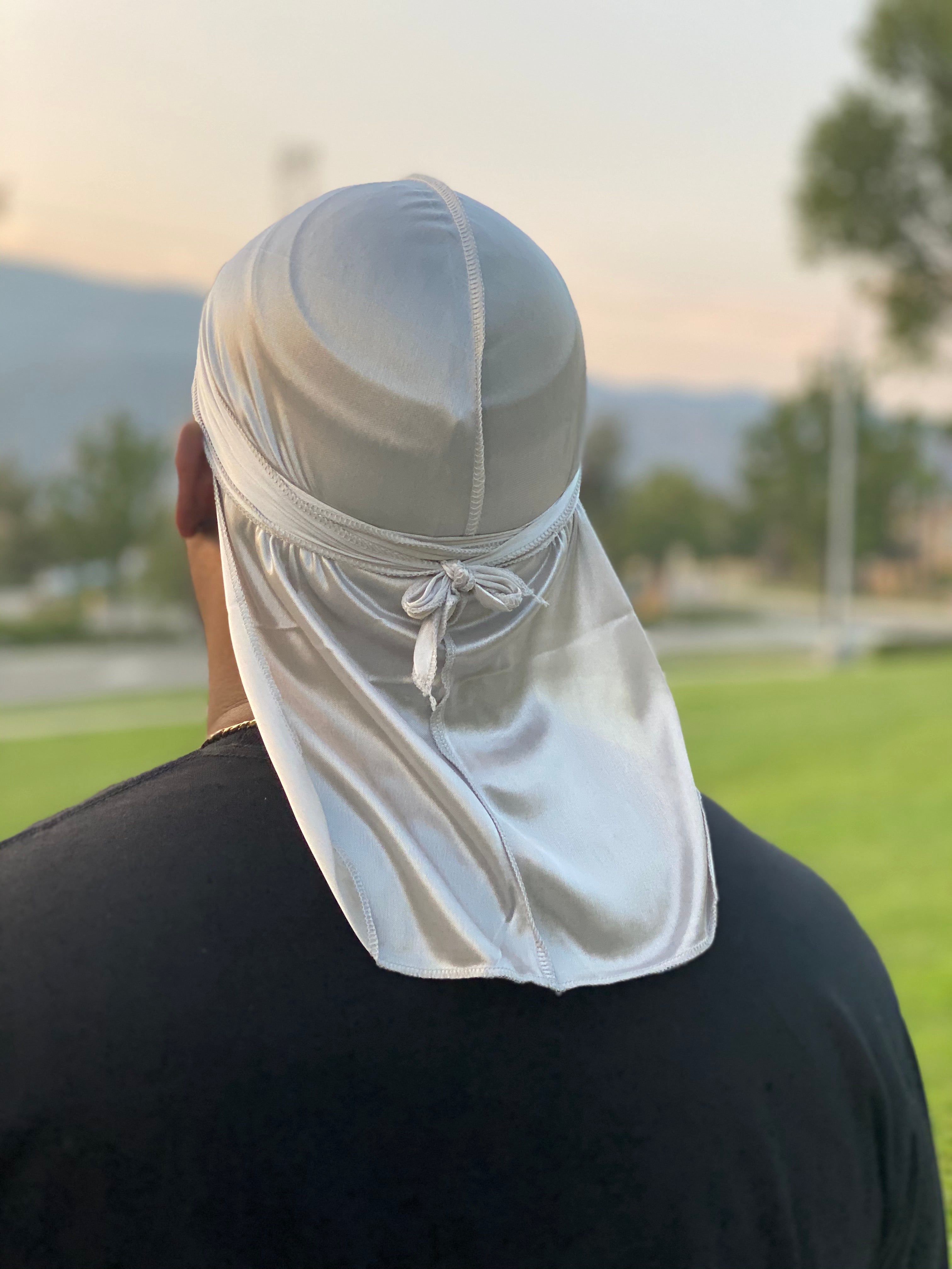 Gray Premium Silky Durag with extra-long tail for 360 waves, featuring reinforced stitching and silky material
