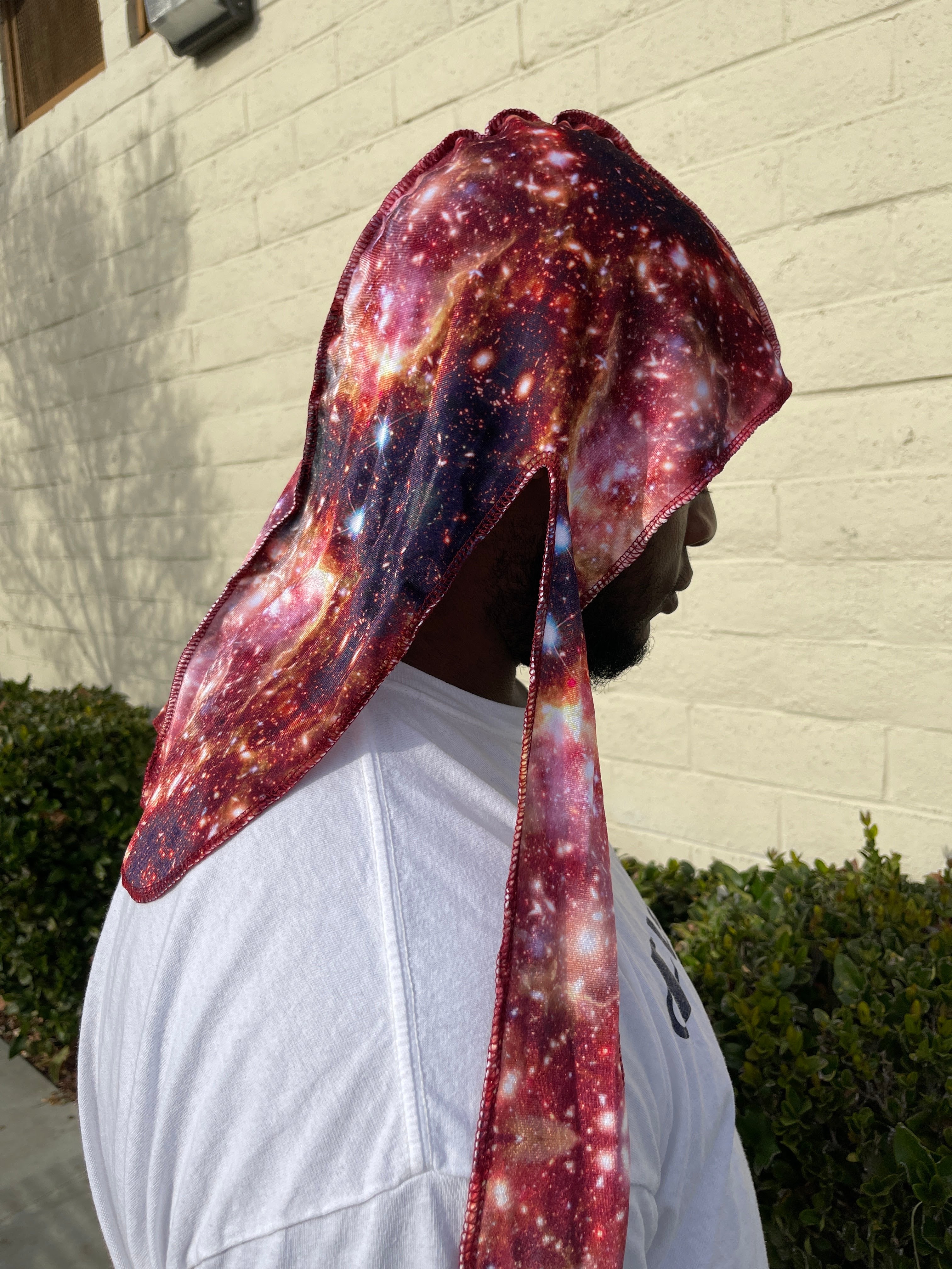 Red Galaxy Premium Velvet Durag with extra-long tail for 360 waves, featuring reinforced stitching and velvet material