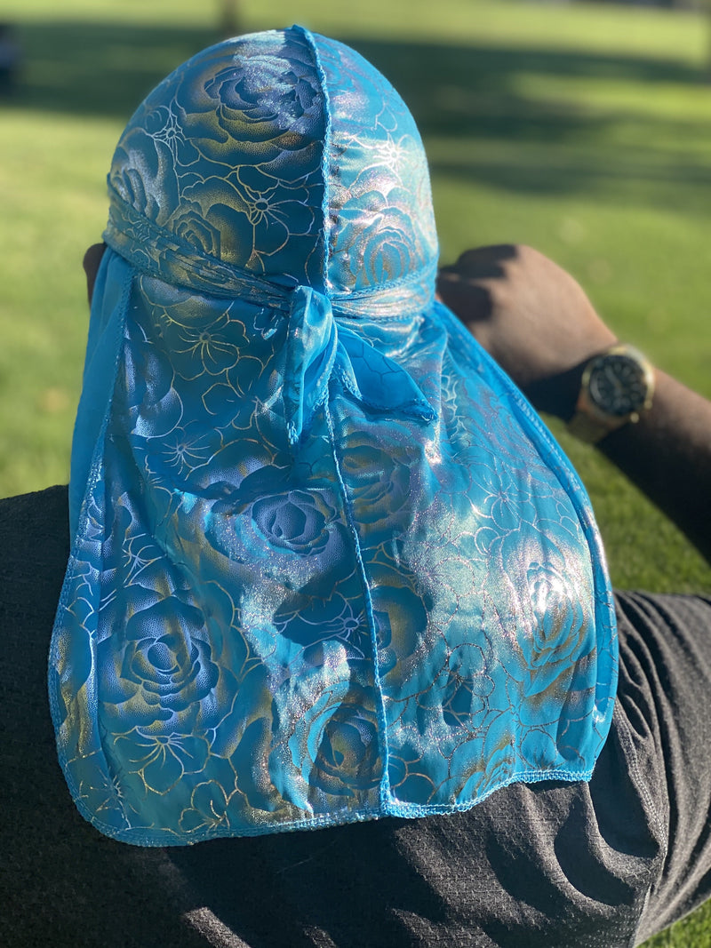 Silver and light blue durag